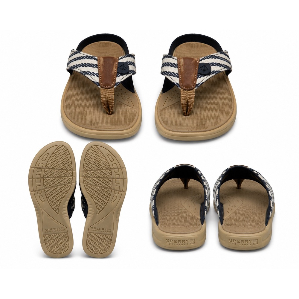 Sperry Top Sider Sandals Womens 6 Navy Stripe Leather Thong Coastal Preppy